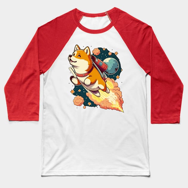 shiba inu flying into space with a rocket Baseball T-Shirt by bmron